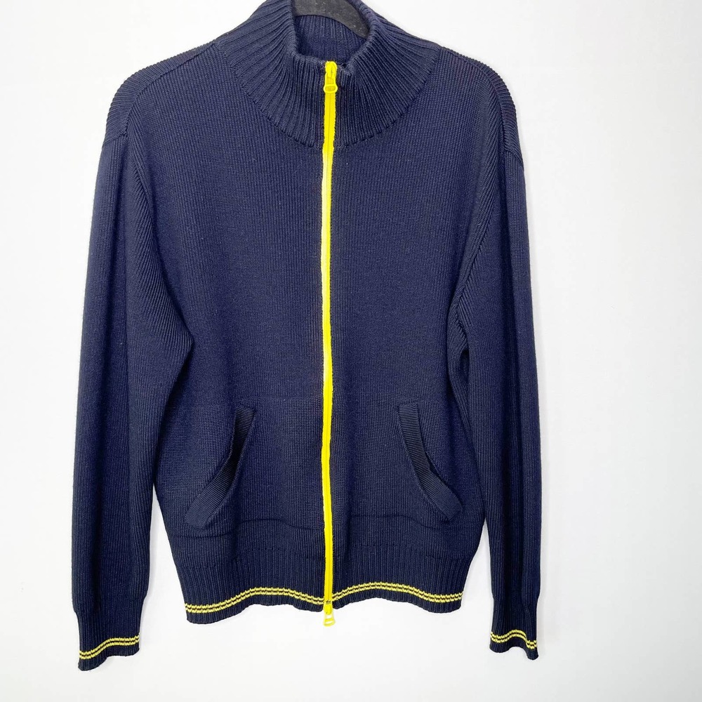 Hugo Boss Navy Wool Yellow Accent Full Double Zip Pocketed Cardigan Size L